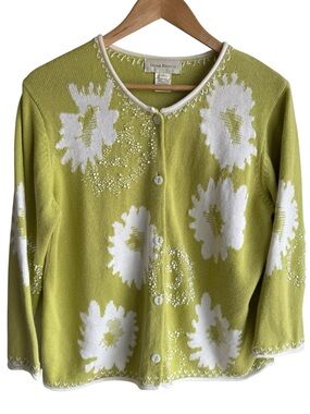 Vtg 2002 Susan Bristol Floral Beaded Cardigan Large Button Down Spring Sweater